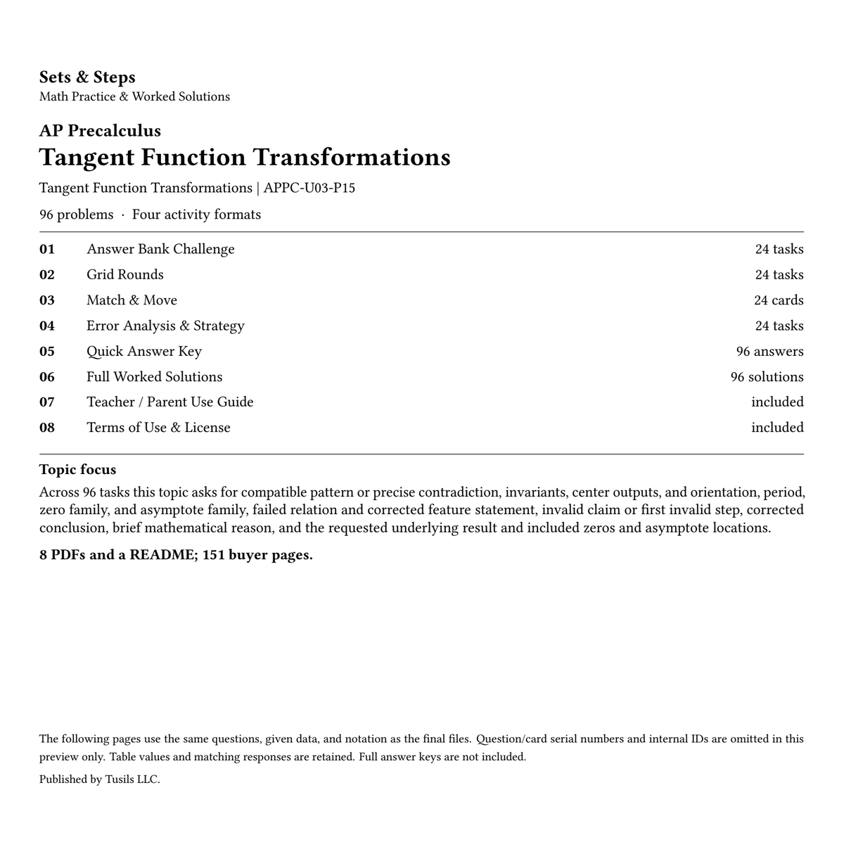 Tangent Function Transformations | Precalculus | 96 Problems — 01_Cover.png