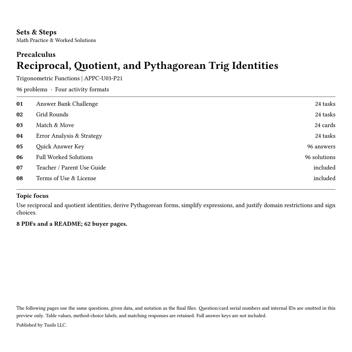 Reciprocal, Quotient & Pythagorean Trig Identities | Precalculus | 96 Problems — 01_Cover.png