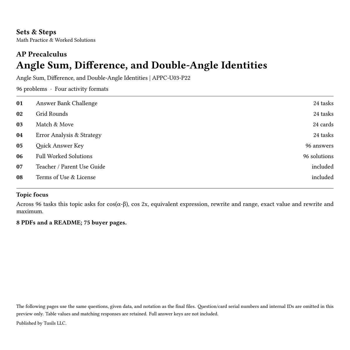 Angle Sum, Difference, and Double-Angle Identities | Precalculus | 96 Problems — 01_Cover.png