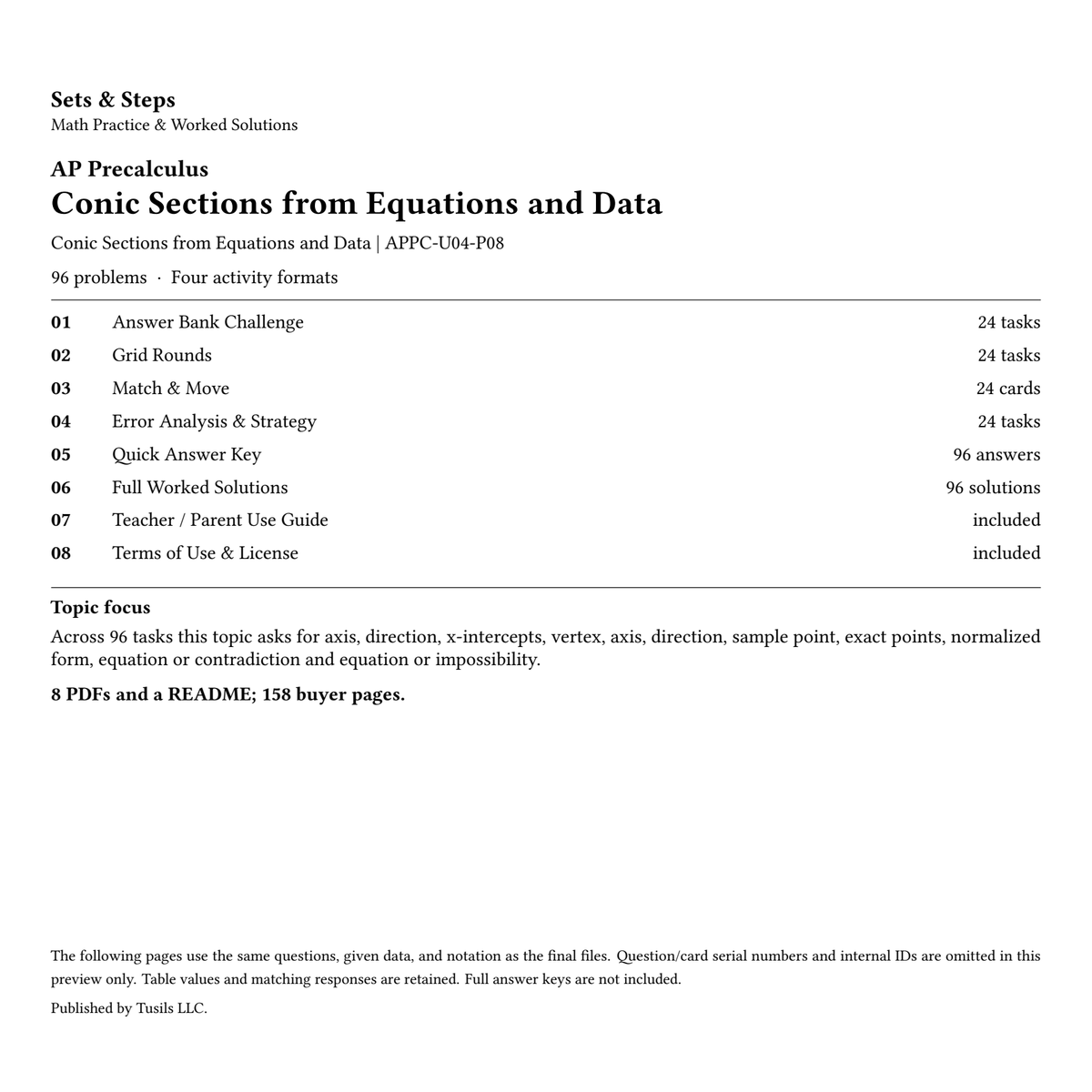 Conic Sections from Equations and Data | Precalculus | 96 Problems — 01_Cover.png