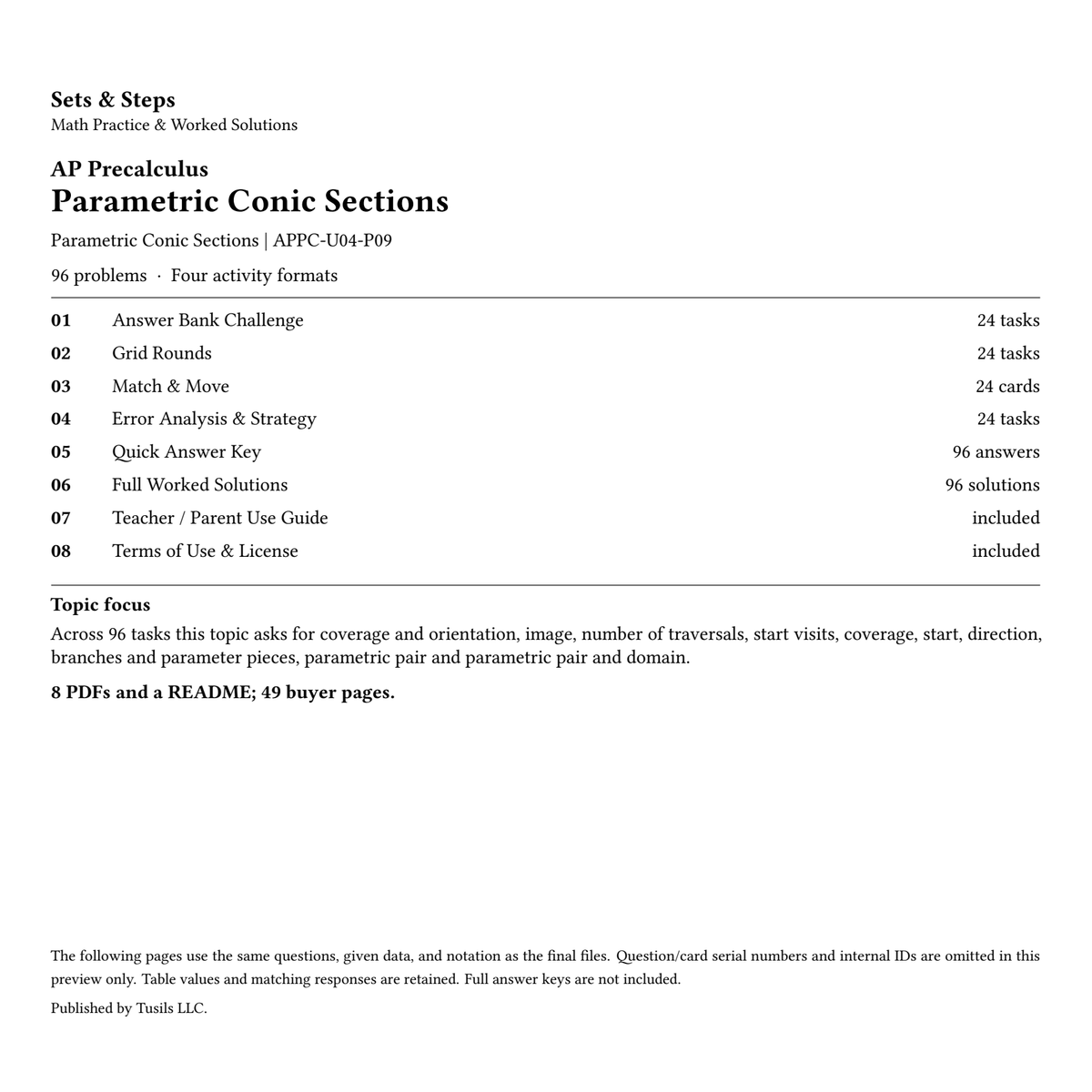 Parametric Conic Sections | Precalculus | 96 Problems — 01_Cover.png