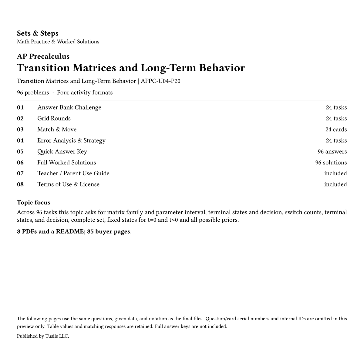 Transition Matrices and Long-Term Behavior | Precalculus | 96 Problems — 01_Cover.png