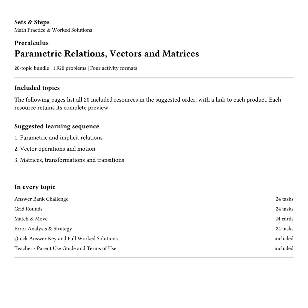 Parametric Relations, Vectors and Matrices | 20-Topic Precalculus Bundle — 01_Cover.png
