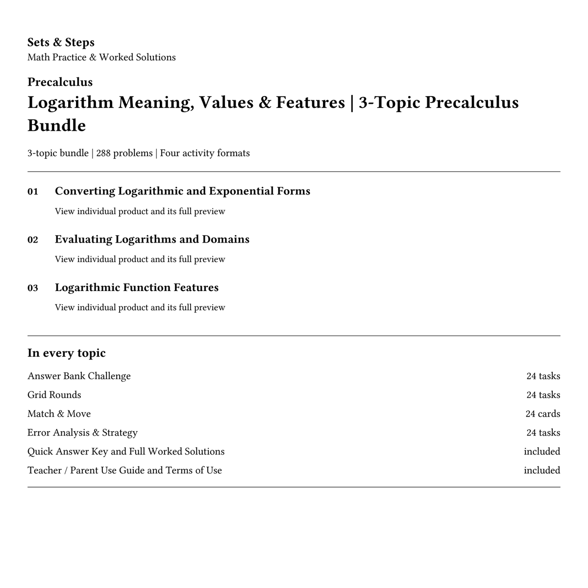 Logarithm Meaning, Values & Features | 3-Topic Precalculus Bundle — 01_Cover.png