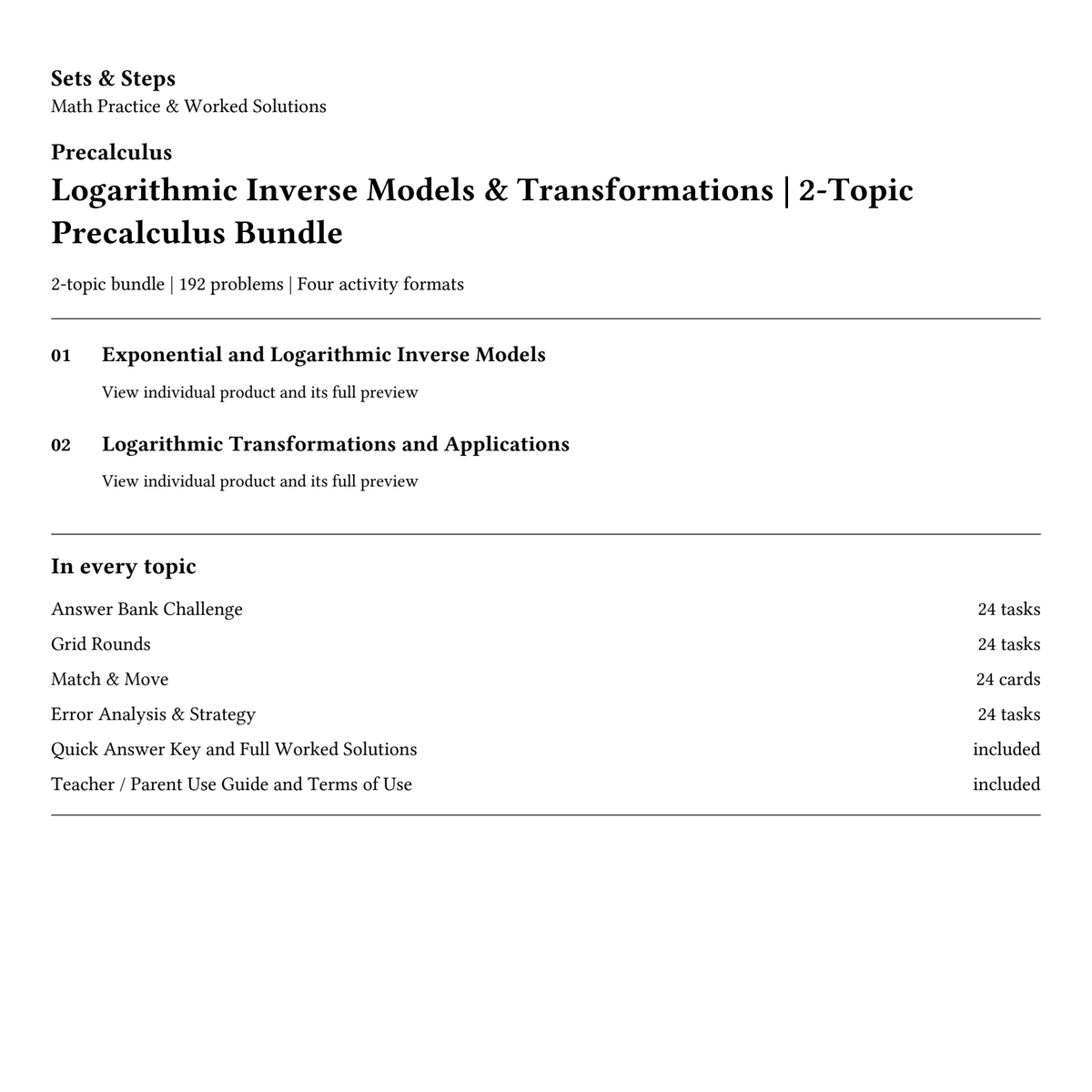Logarithmic Inverse Models & Transformations | 2-Topic Precalculus Bundle — 01_Cover.png