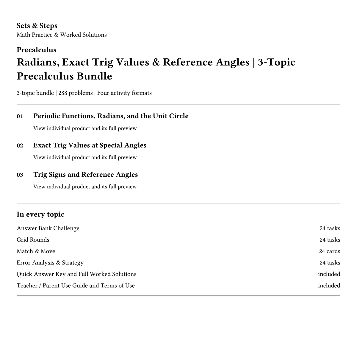 Radians, Exact Trig Values & Reference Angles | 3-Topic Precalculus Bundle — 01_Cover.png
