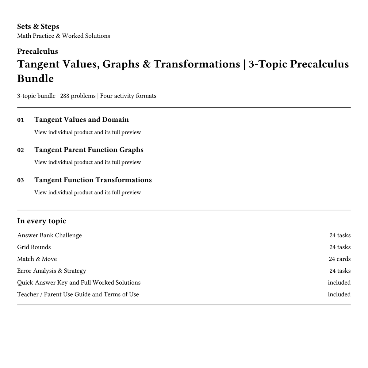 Tangent Values, Graphs & Transformations | 3-Topic Precalculus Bundle — 01_Cover.png