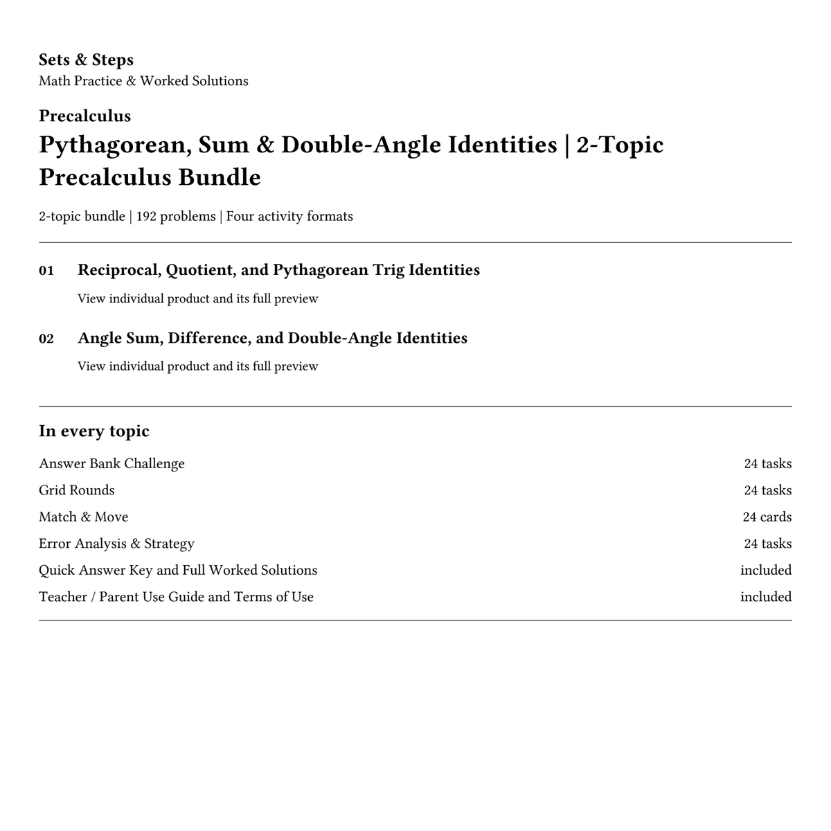 Pythagorean, Sum & Double-Angle Identities | 2-Topic Precalculus Bundle — 01_Cover.png
