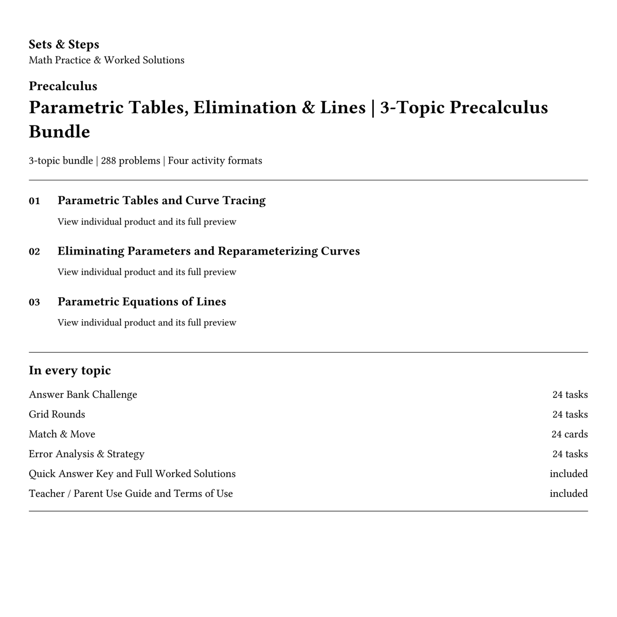 Parametric Tables, Elimination & Lines | 3-Topic Precalculus Bundle — 01_Cover.png