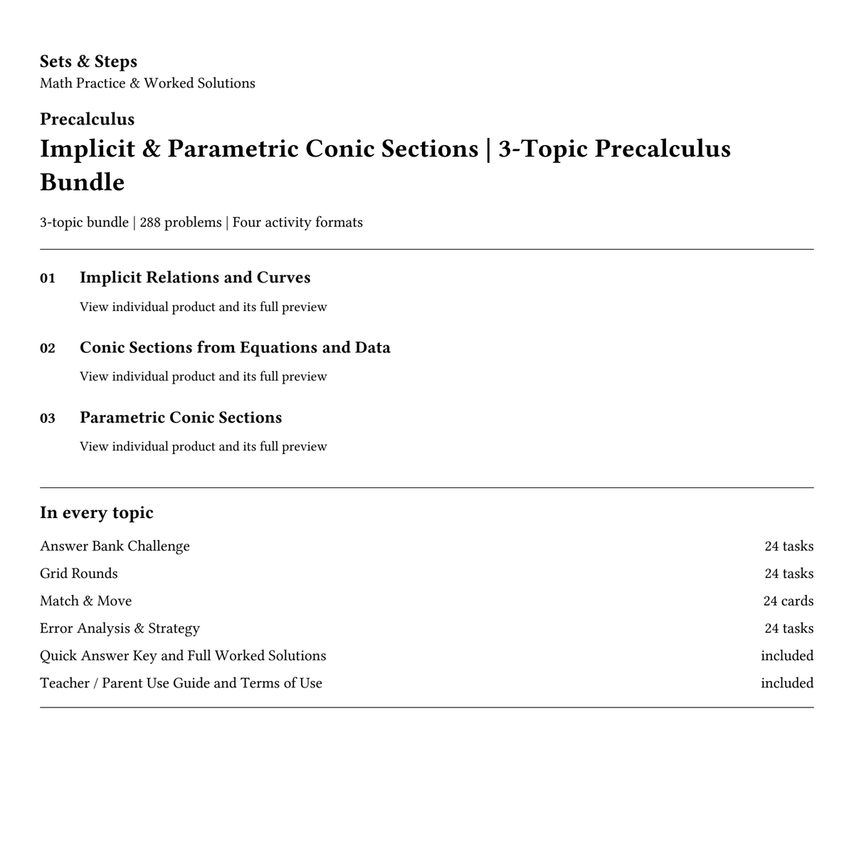 Implicit & Parametric Conic Sections | 3-Topic Precalculus Bundle — 01_Cover.png
