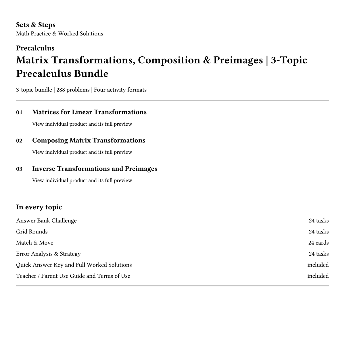 Matrix Transformations, Composition & Preimages | 3-Topic Precalculus Bundle — 01_Cover.png