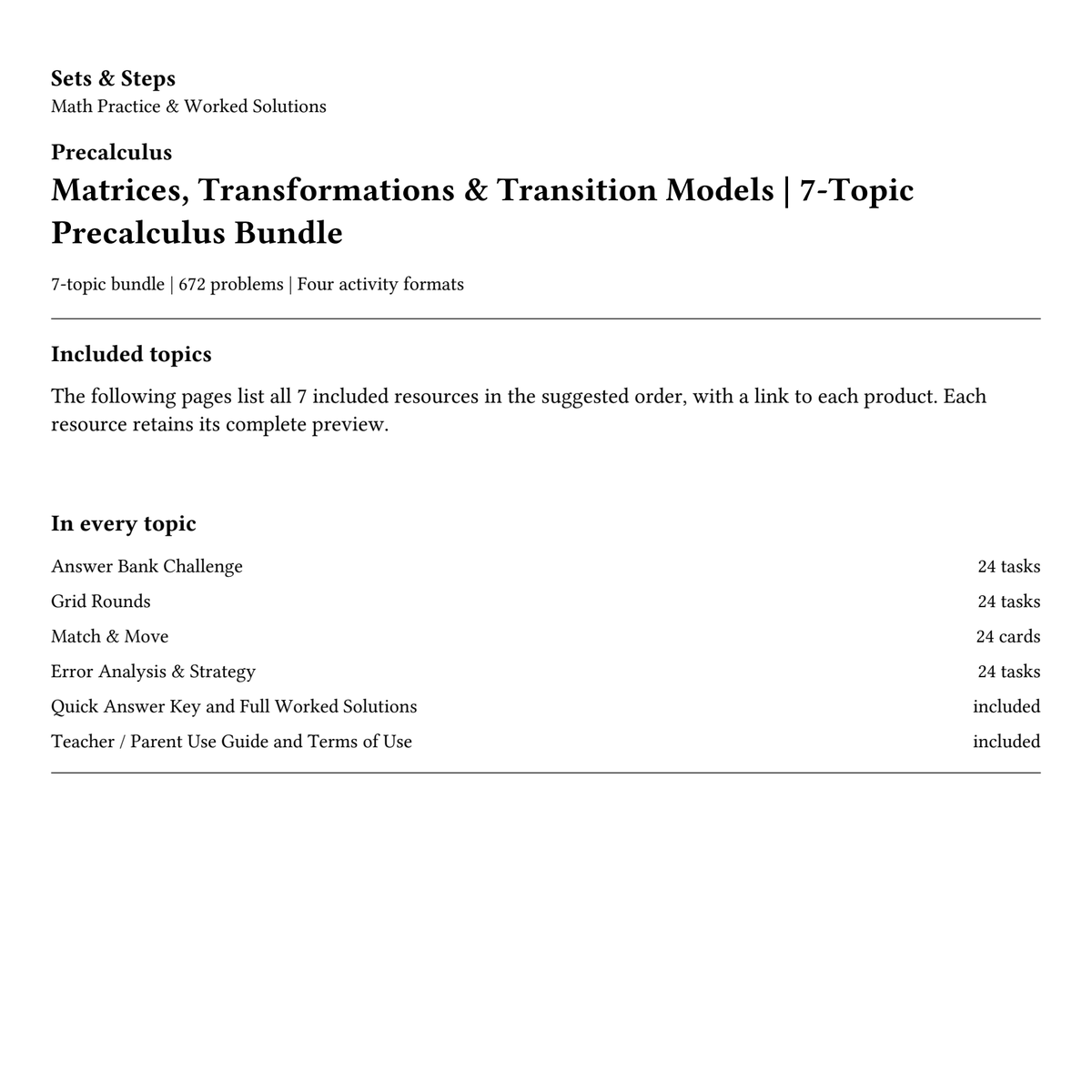 Matrices, Transformations & Transition Models | 7-Topic Precalculus Bundle — 01_Cover.png