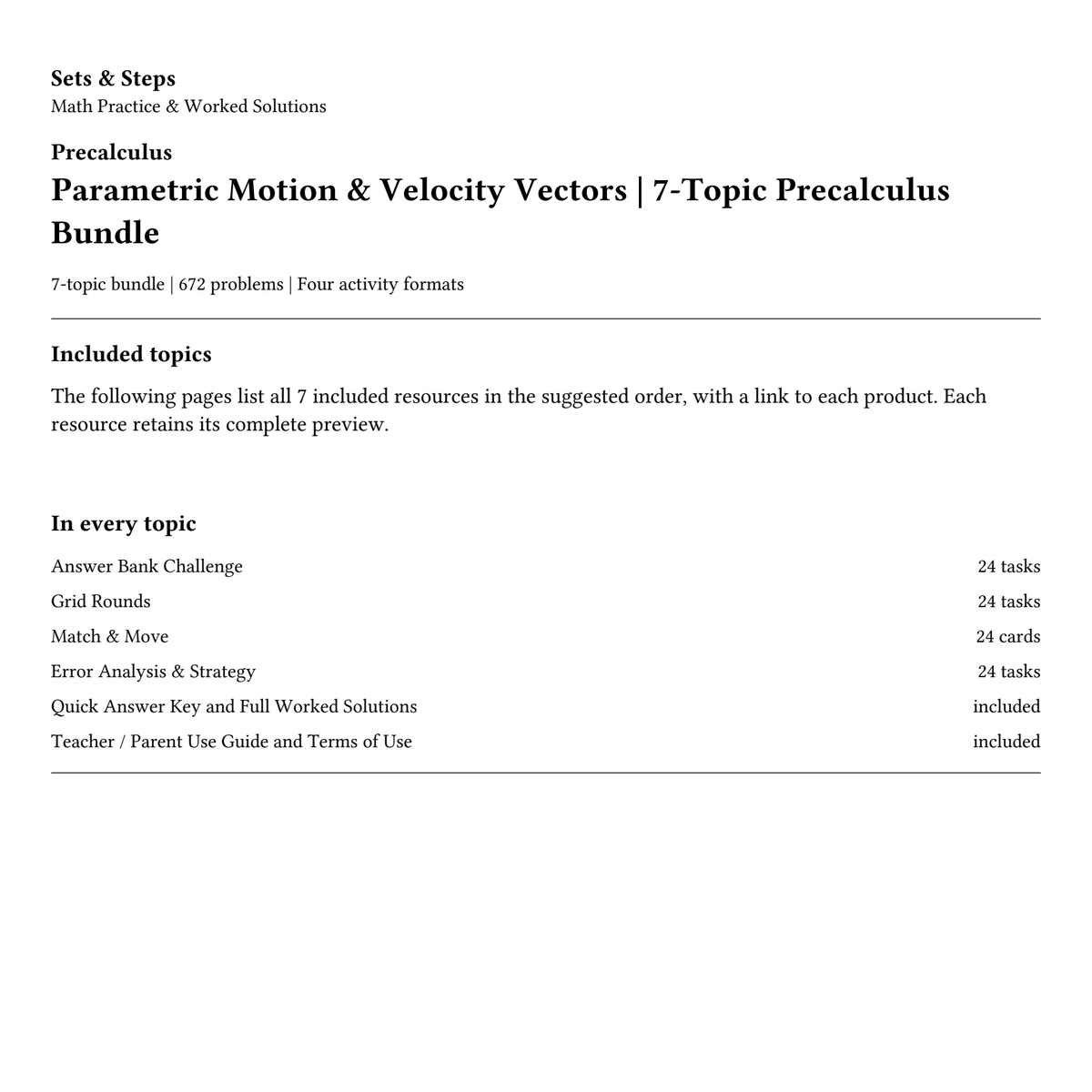 Parametric Motion & Velocity Vectors | 7-Topic Precalculus Bundle — 01_Cover.png